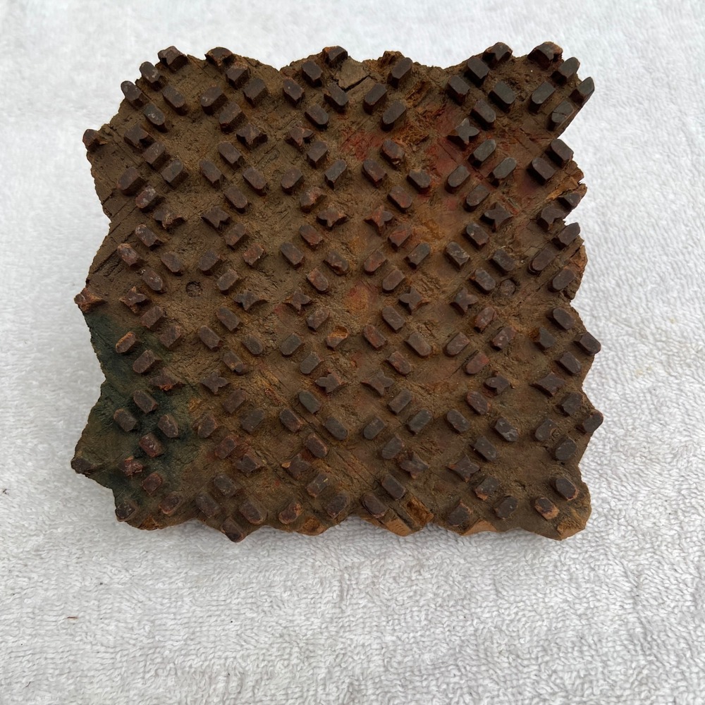 VTG Hand Carved India Wooden Textile Block Print Stamp Geometric Star Pattern